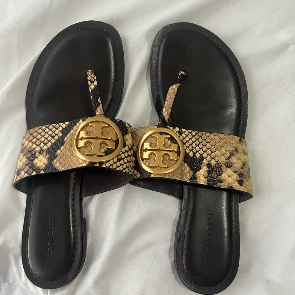 Tory Burch Gold and Black Snakeskin Sandals